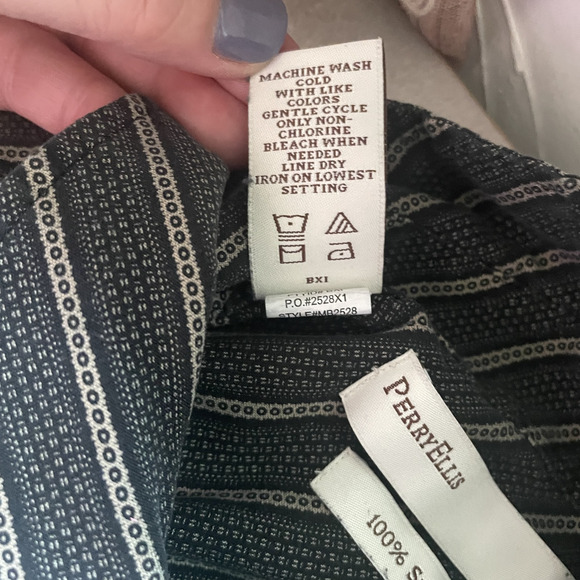 Perry Ellis Shirt Mens Medium Black Brown Diagonal Stripe 100% Silk Short Sleeve - Picture 8 of 8